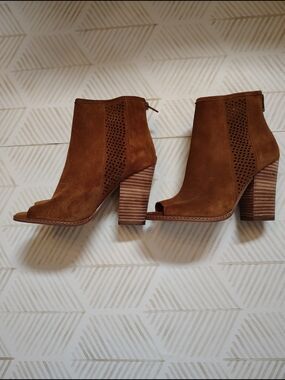 Gianni Bini Chestnut Suede Peep-Toe Stacked Heel Booties